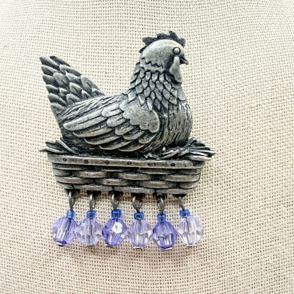 Pewter Hen on Nest Brooch Purple Bead Dangles Farmhouse Chicken Pin 2"